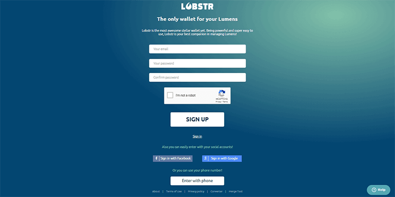 Tampilan page pendaftaran Lobstr Web Wallet 